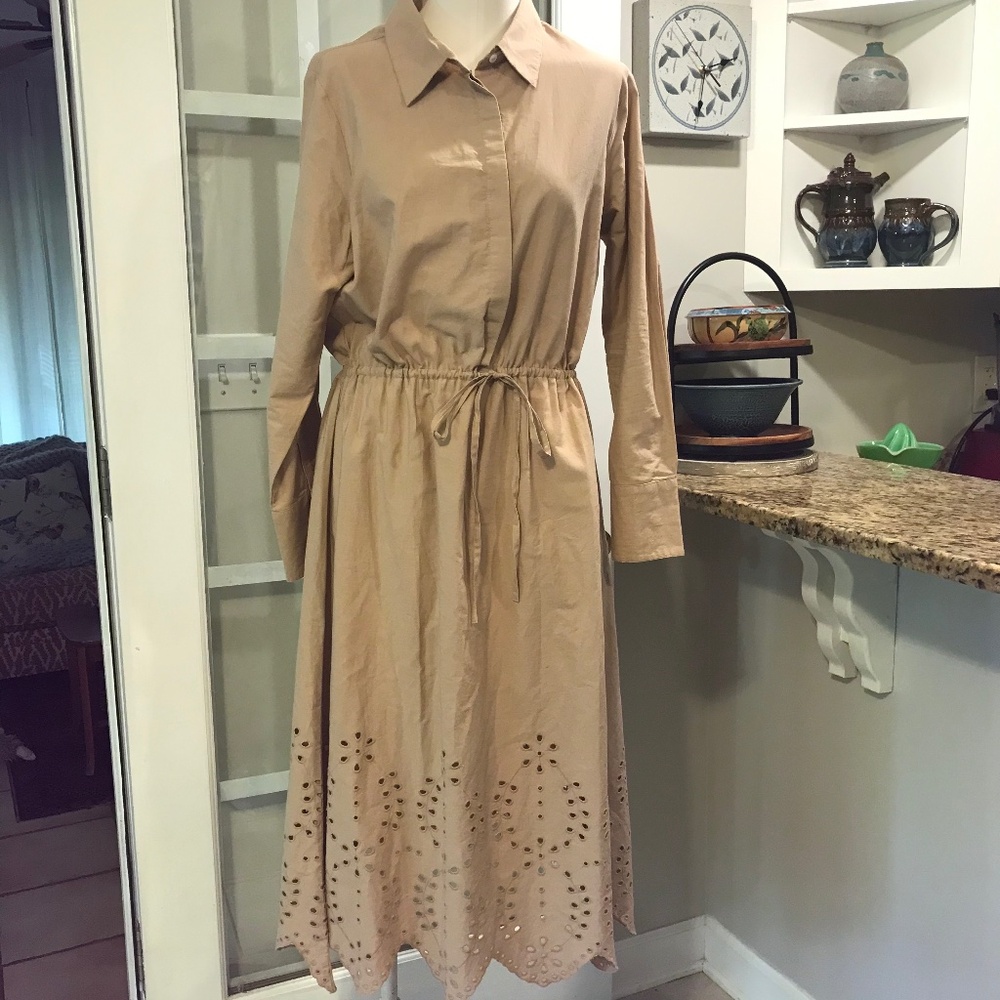 Sweet Magnolia eyelet drawstring scalloped hem  maxi shirt dress